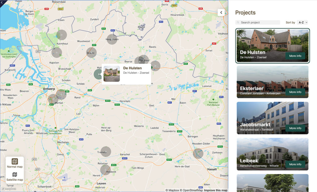 Salesdrive Business Locator showing real estate projects on an interactive map with project details and filters