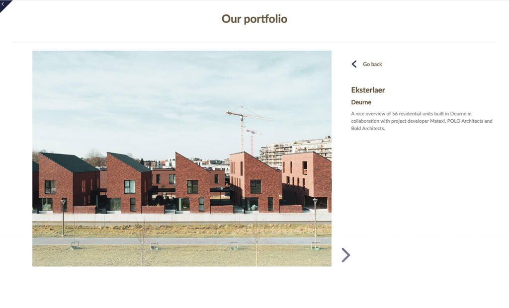 Salesdrive Portfolio Visualizer showing apartment projects with location, images, and descriptions including Lusthof in Brecht and Jacobsmarkt in Turnhout