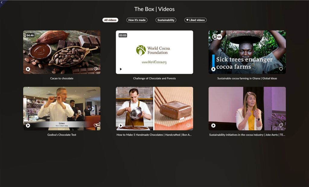 Salesdrive Video Navigator displaying a curated selection of videos related to chocolate production, sustainability, and industry insights