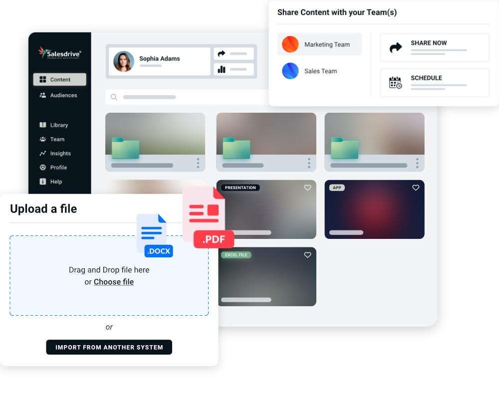 Salesdrive platform for content collaboration – upload PDFs and DOCX files, manage folders, and share content with teams in real time