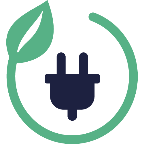 Icon of a power plug inside a green circular shape with a leaf, symbolizing eco-friendly or sustainable energy.