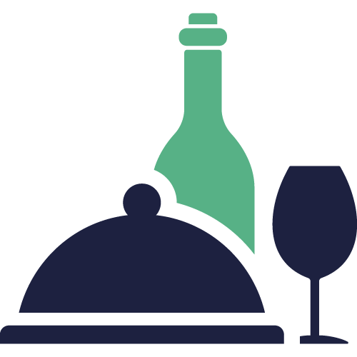 Icon showing a covered food tray, a wine bottle, and a wine glass.