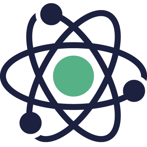 Stylized atom icon with a green nucleus and three orbiting dark blue electrons.